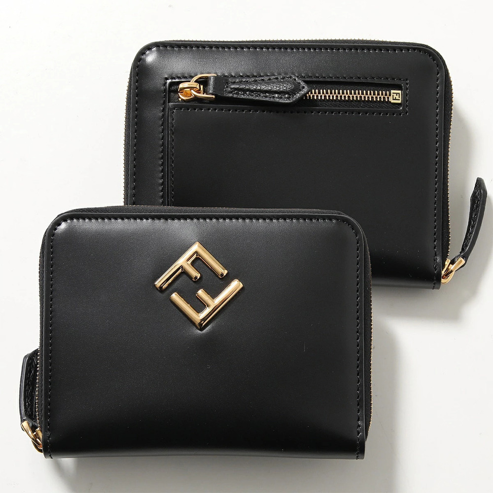 Fendi Bi fold Wallet FF Diamond Leather Metal Zip Around